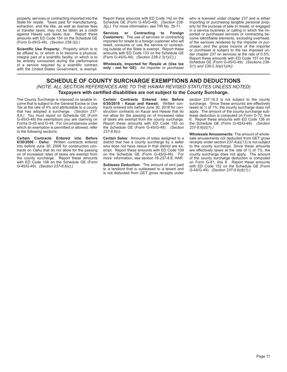 Instructions for Form G-45 One Time Use General Excise / Use Tax Return - Hawaii, Page 11