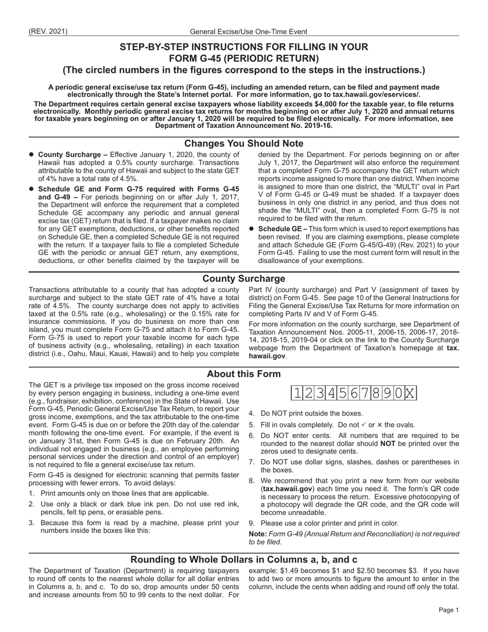 Instructions for Form G-45 One Time Use General Excise / Use Tax Return - Hawaii, Page 1