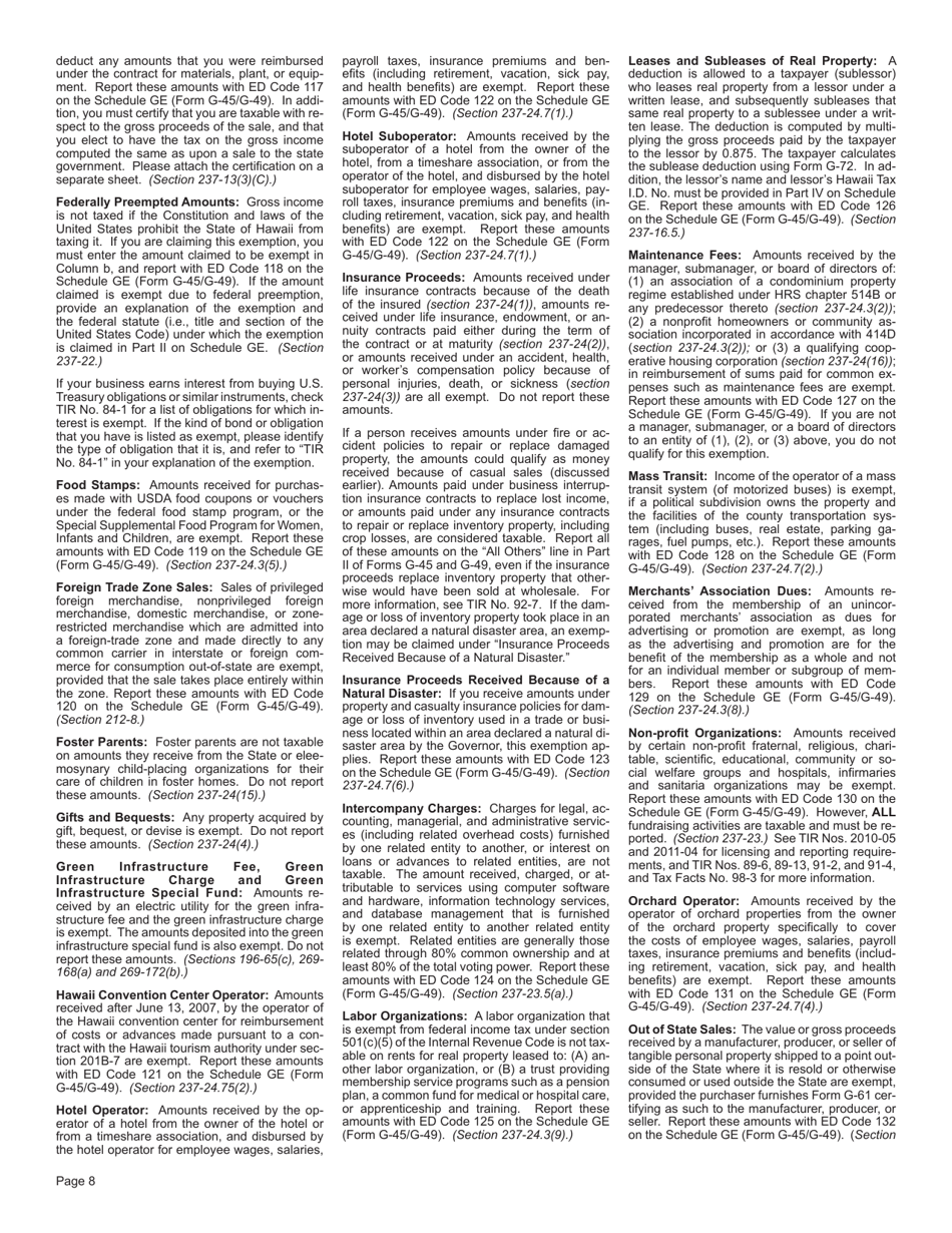 Instructions for Form G-45 One Time Use General Excise / Use Tax Return - Hawaii, Page 8