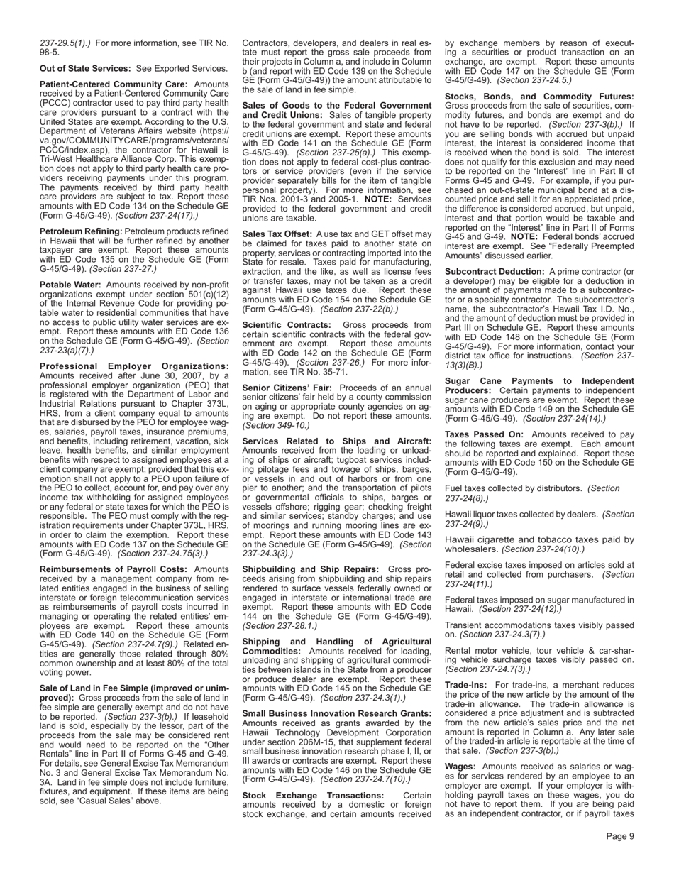 Instructions for Form G-45 One Time Use General Excise / Use Tax Return - Hawaii, Page 9