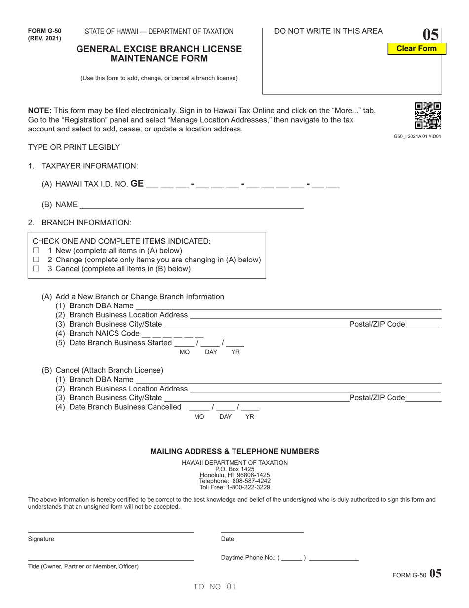 Form G-50 General Excise Branch License Maintenance Form - Hawaii, Page 1