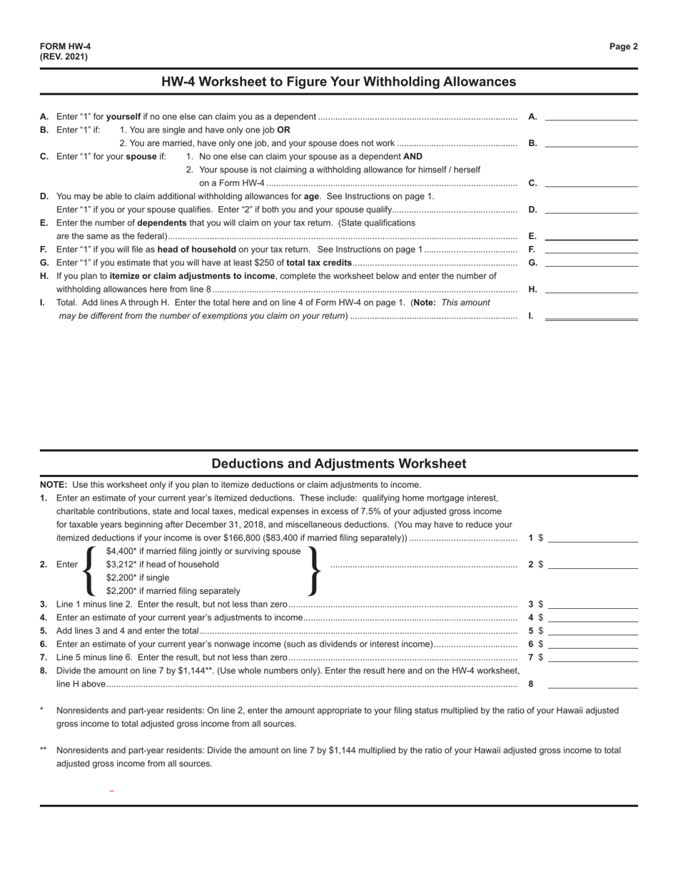 Form HW-4 Employees Withholding Allowance and Status Certificate - Hawaii, Page 2