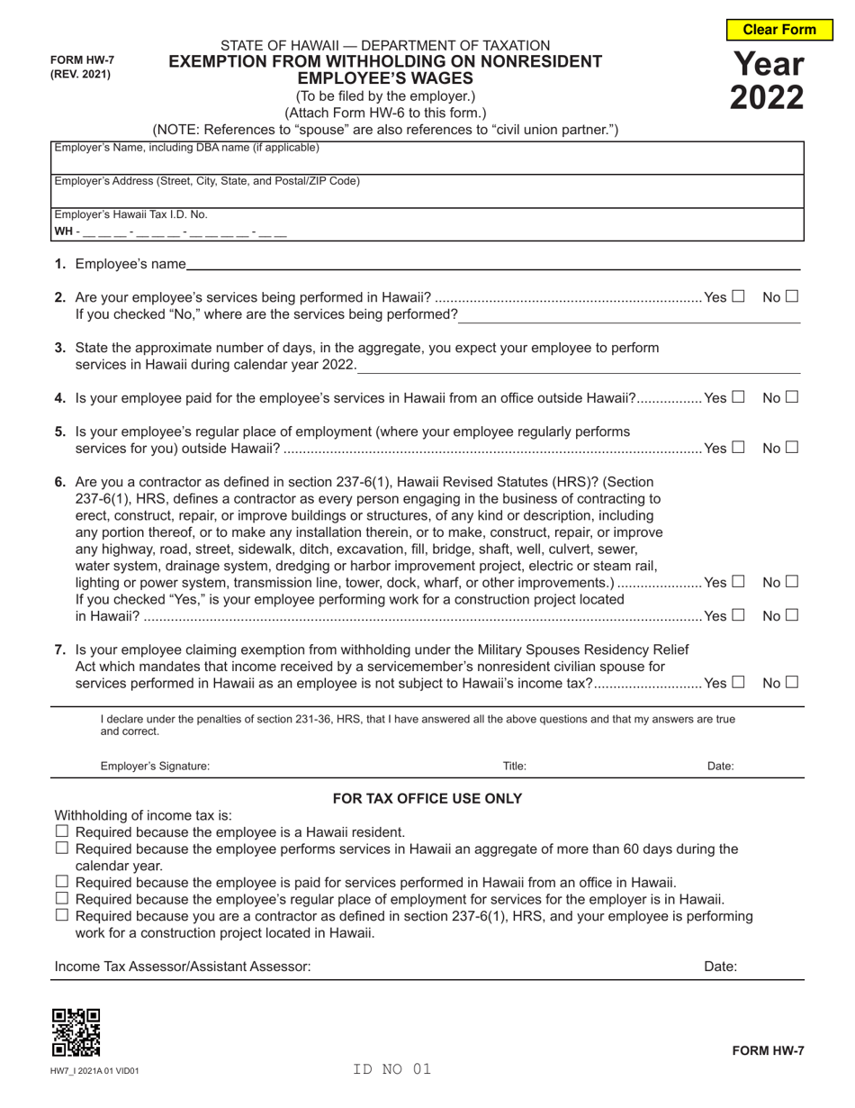 Form HW7 2022 Fill Out, Sign Online and Download Fillable PDF