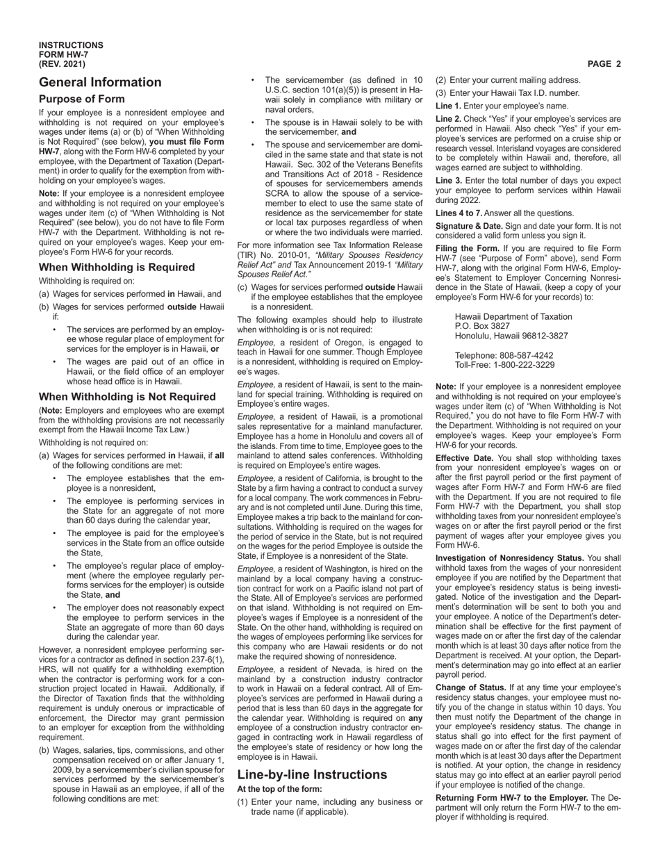 Form HW-7 Exemption From Withholding on Nonresident Employees Wages - Hawaii, Page 2