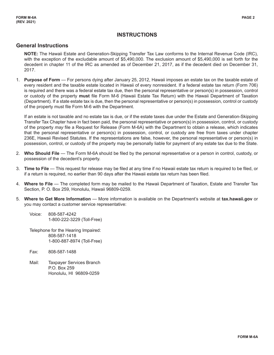Form M-6A Request for Release to Be Filed for Decedents Dying After June 30, 1983 - Hawaii, Page 2