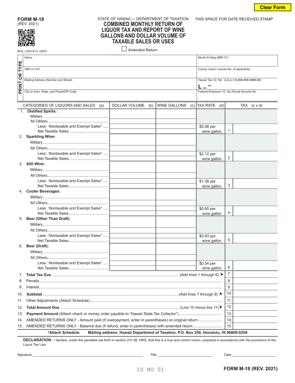 Form M-18 Combined Monthly Return of Liquor Tax and Report of Wine Gallons and Dollar Volume of Taxable Sales or Uses - Hawaii, Page 1