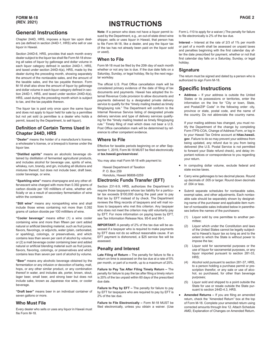 Form M-18 Combined Monthly Return of Liquor Tax and Report of Wine Gallons and Dollar Volume of Taxable Sales or Uses - Hawaii, Page 2