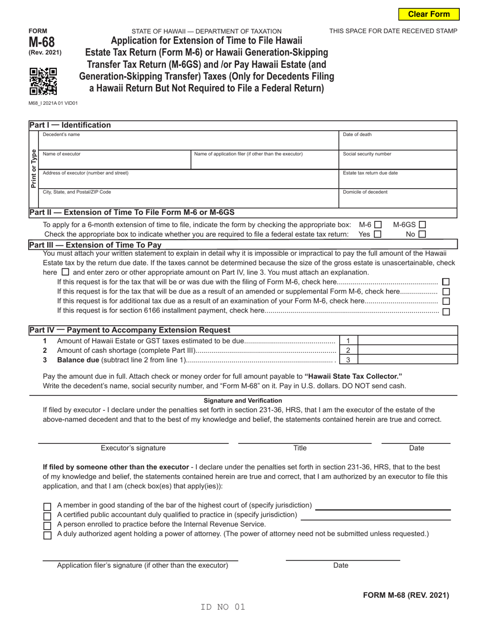 Form M-68 Application for Extension of Time to File Hawaii Estate Tax Return or Hawaii Generation-Skipping Transfer Tax Return and/or Pay Hawaii Estate (And Generation-Skipping Transfer) Taxes - Hawaii, Page 1