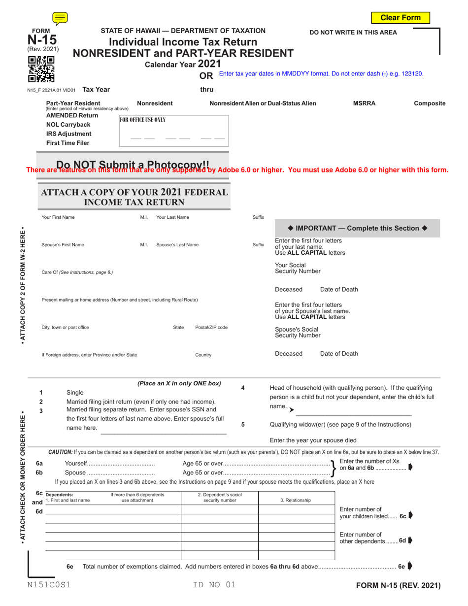 Form N-15 Individual Income Tax Return (Nonresidents and Part-Year Residents) - Hawaii, Page 1