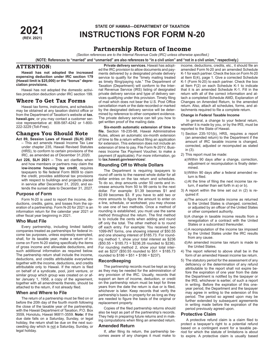 Instructions for Form N-20 Partnership Return of Income - Hawaii, Page 1