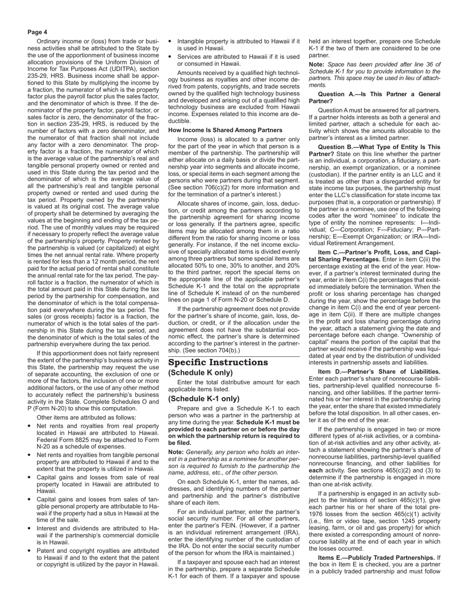Instructions for Form N-20 Partnership Return of Income - Hawaii, Page 4