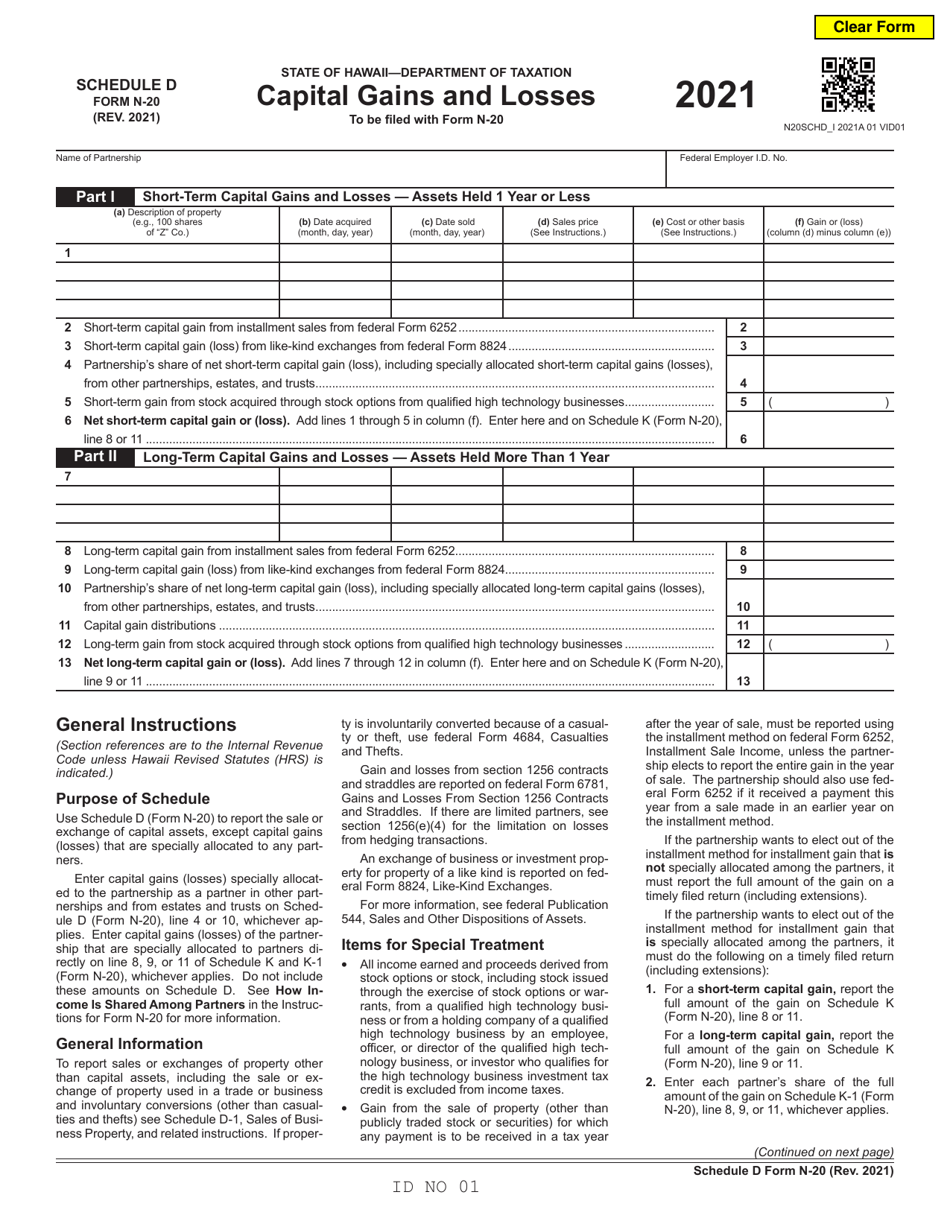 Form N 20 Schedule D 2021 Fill Out Sign Online And Download Fillable Pdf Hawaii