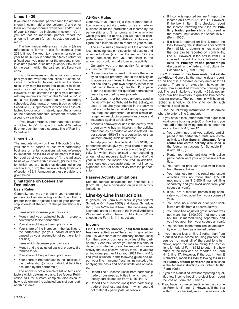 Instructions for Form N-20 Schedule K-1 Partners Share of Income, Credits, Deductions, Etc. - Hawaii, Page 2
