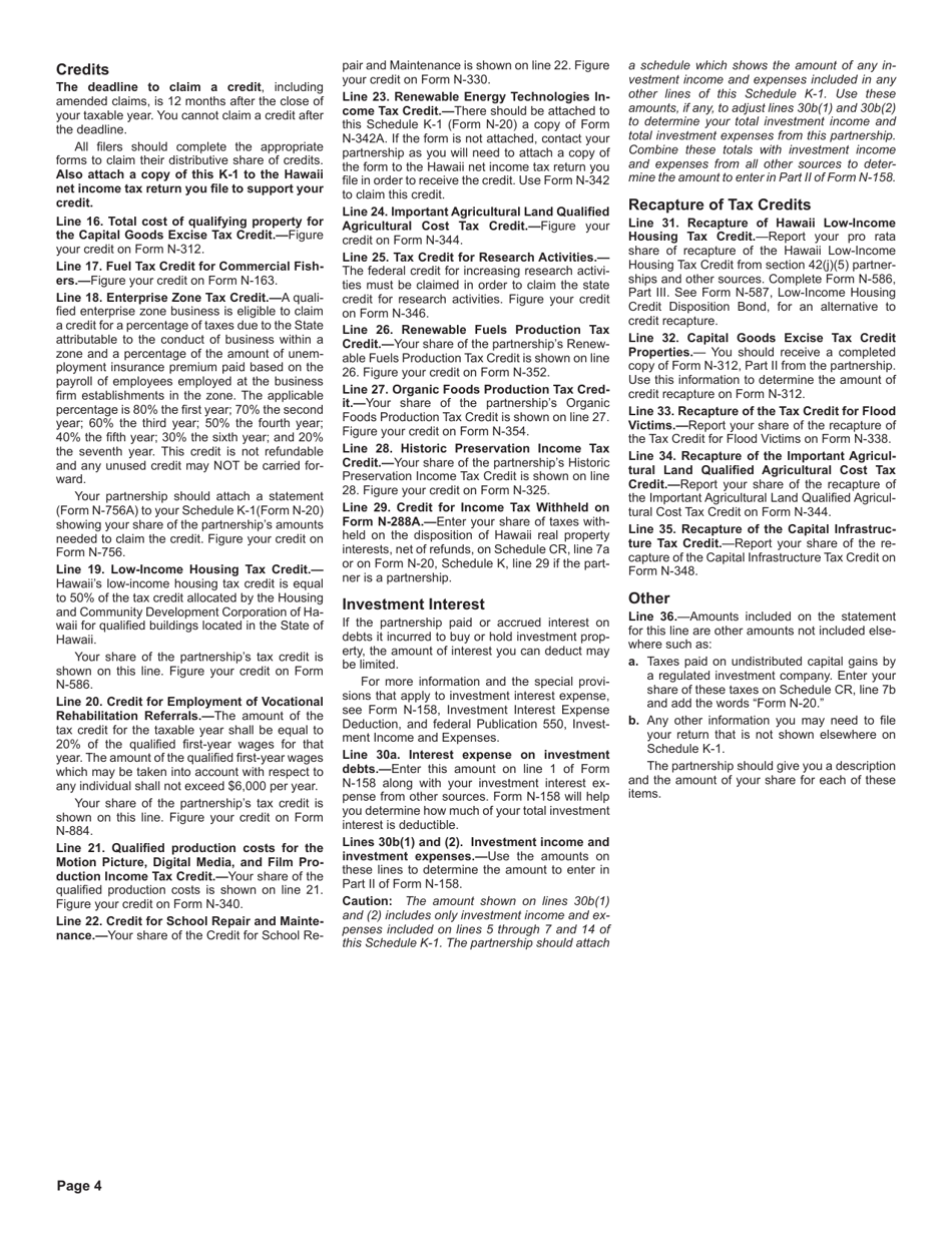 Instructions for Form N-20 Schedule K-1 Partners Share of Income, Credits, Deductions, Etc. - Hawaii, Page 4
