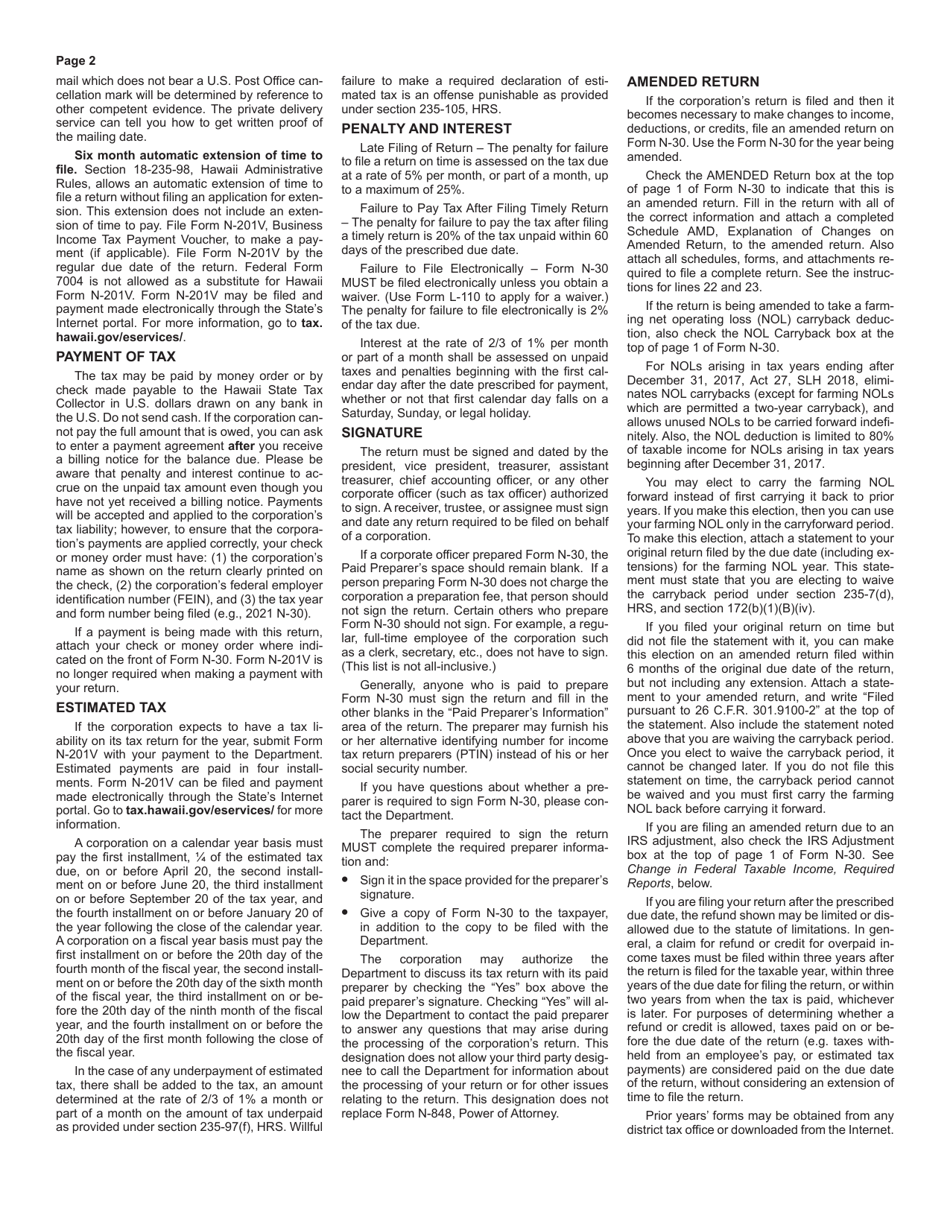 Instructions for Form N-30 Corporation Income Tax Return - Hawaii, Page 2