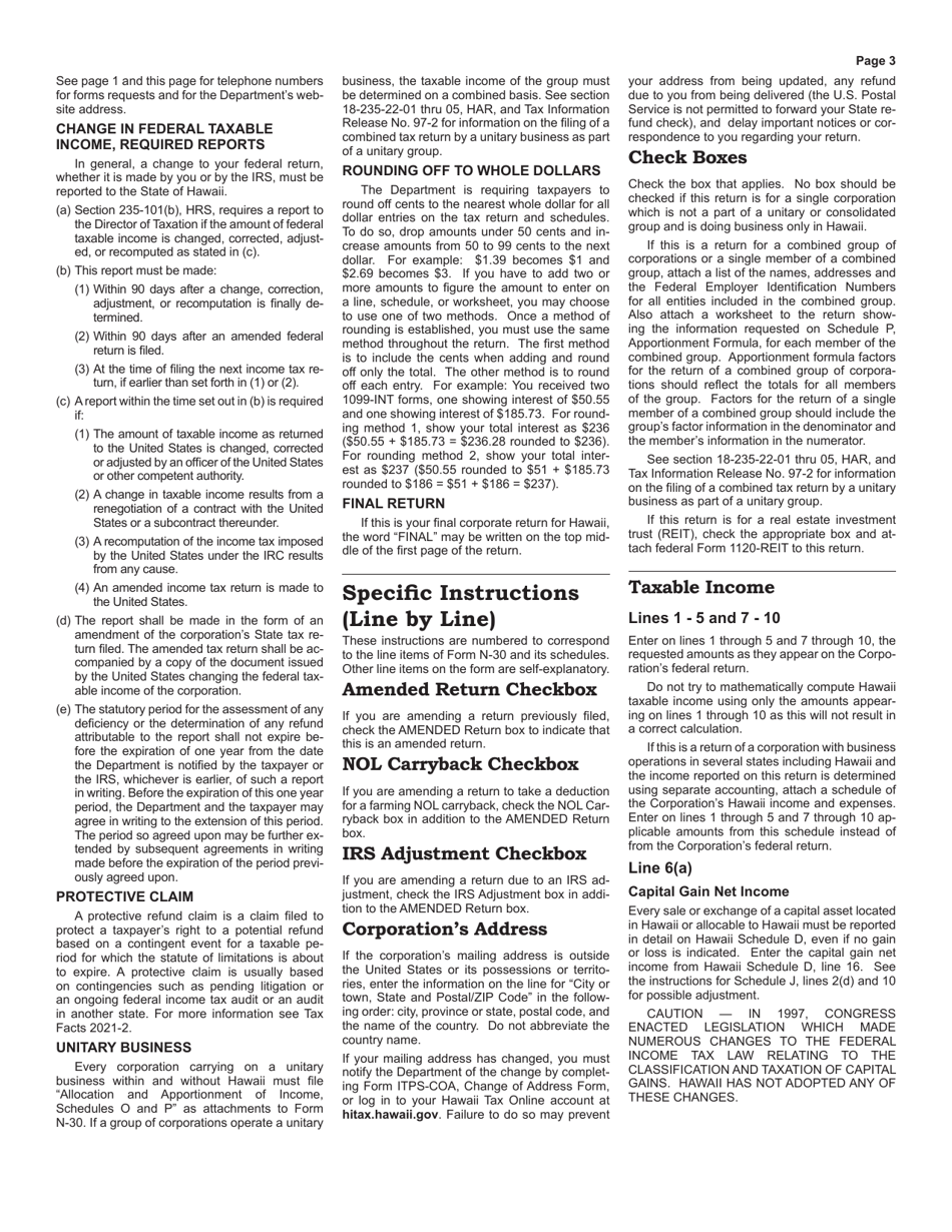Instructions for Form N-30 Corporation Income Tax Return - Hawaii, Page 3