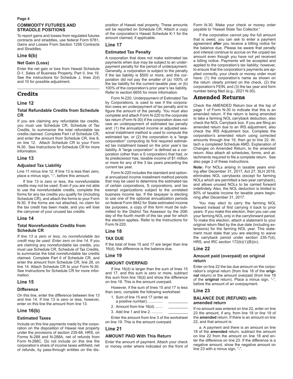 Instructions for Form N-30 Corporation Income Tax Return - Hawaii, Page 4