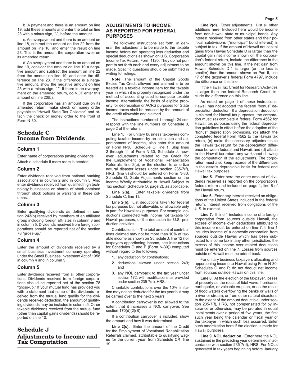 Instructions for Form N-30 Corporation Income Tax Return - Hawaii, Page 5