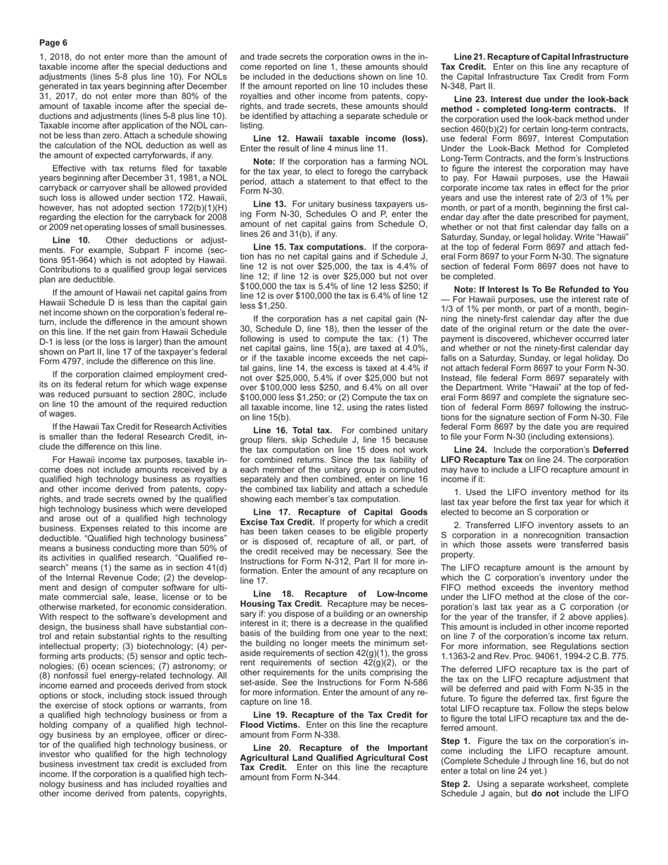 Instructions for Form N-30 Corporation Income Tax Return - Hawaii, Page 6