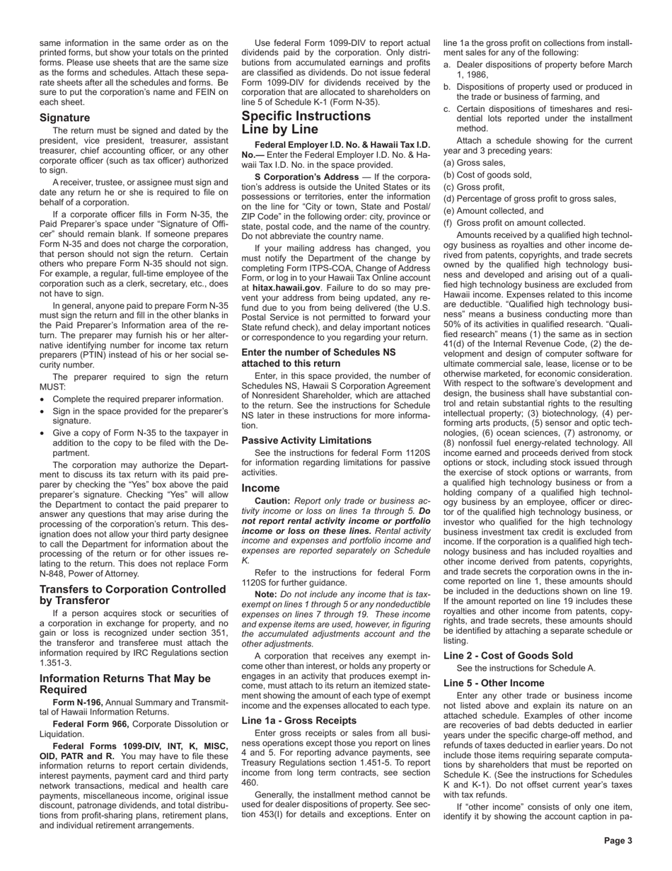 Instructions for Form N-35 S Corporation Income Tax Return - Hawaii, Page 3