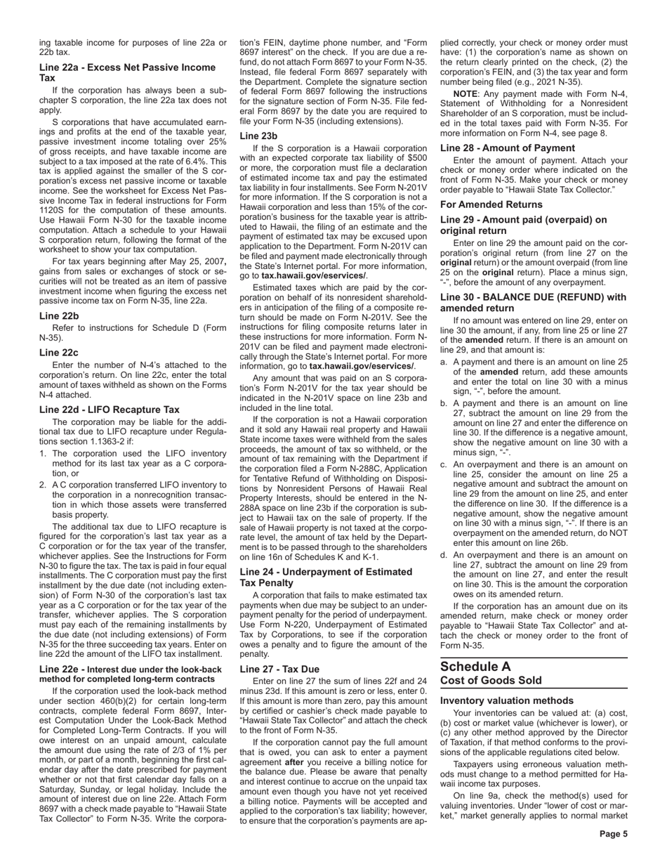 Instructions for Form N-35 S Corporation Income Tax Return - Hawaii, Page 5