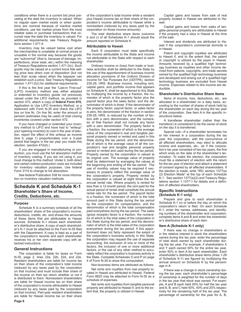 Instructions for Form N-35 S Corporation Income Tax Return - Hawaii, Page 6