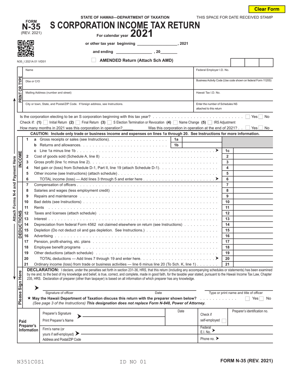 Form N-35 S Corporation Income Tax Return - Hawaii, Page 1