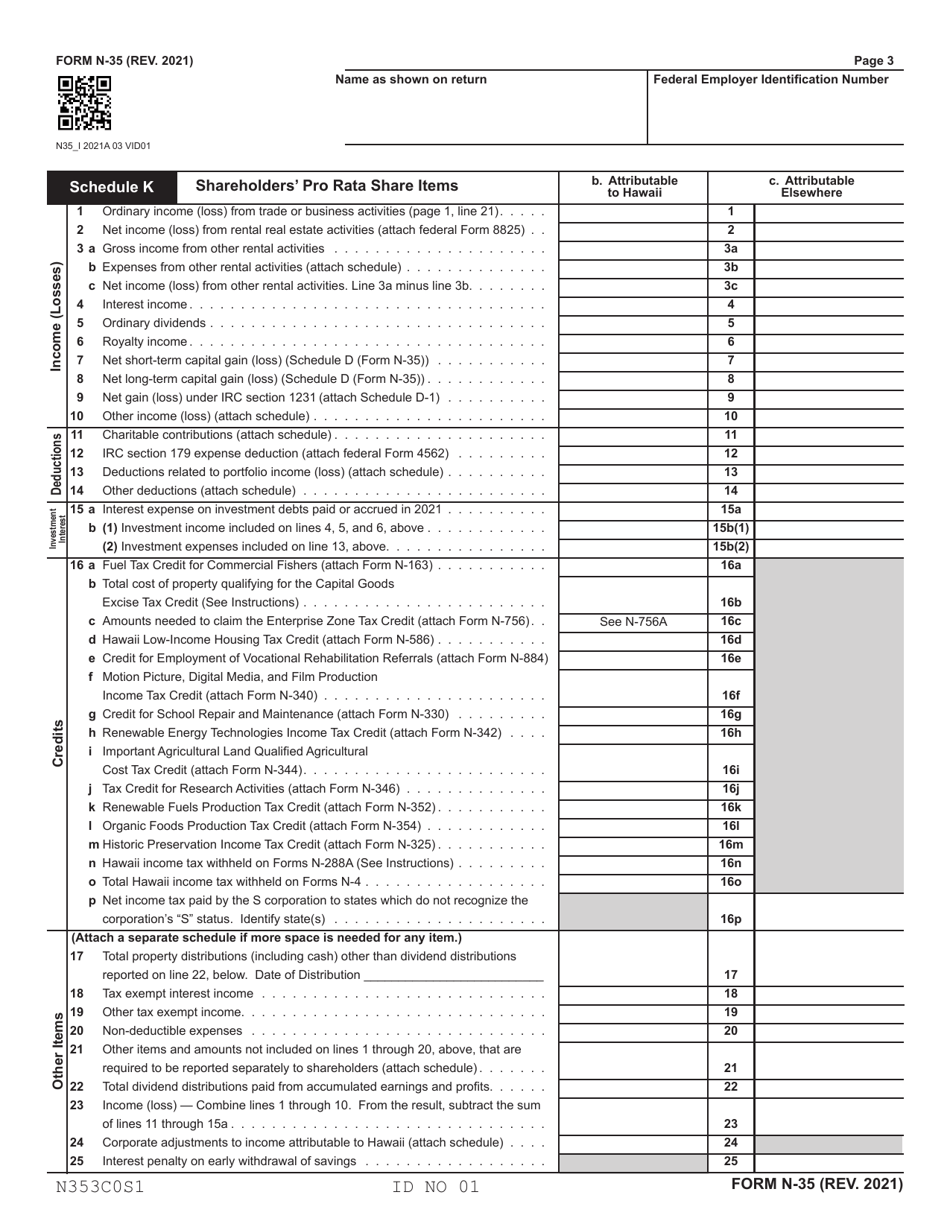 Form N-35 S Corporation Income Tax Return - Hawaii, Page 3