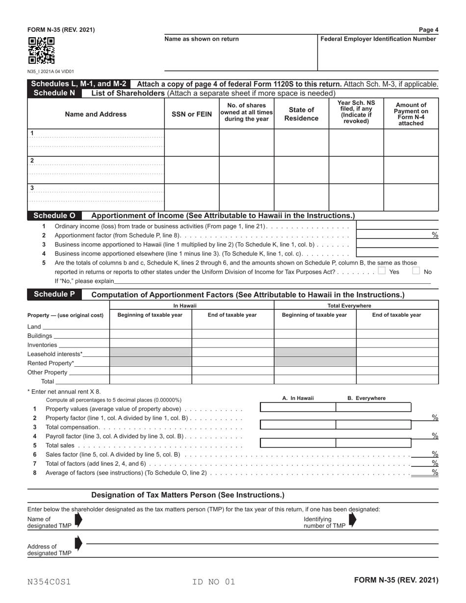 Form N-35 S Corporation Income Tax Return - Hawaii, Page 4