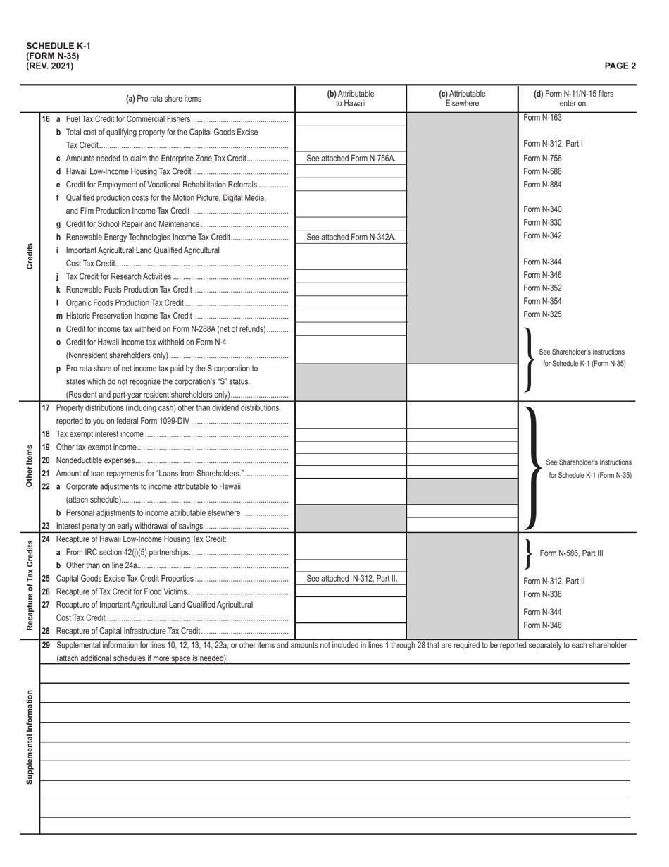 Form N-35 Schedule K-1 Shareholders Share of Income, Credits, Deductions, Etc. - Hawaii, Page 2