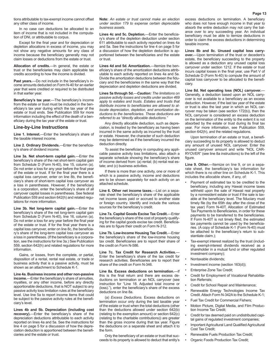 Instructions for Form N-40 Fiduciary Income Tax Return - Hawaii, Page 13