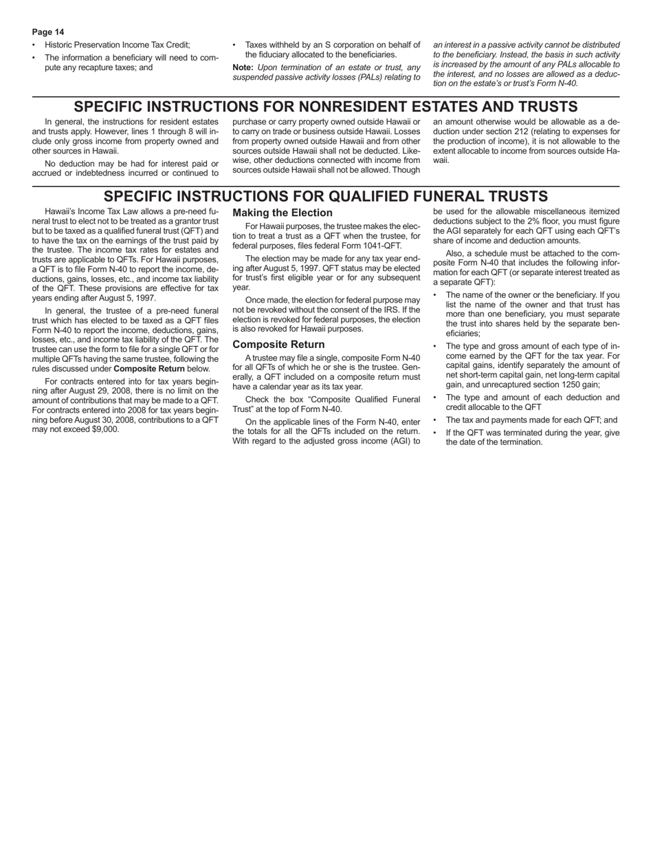 Instructions for Form N-40 Fiduciary Income Tax Return - Hawaii, Page 14