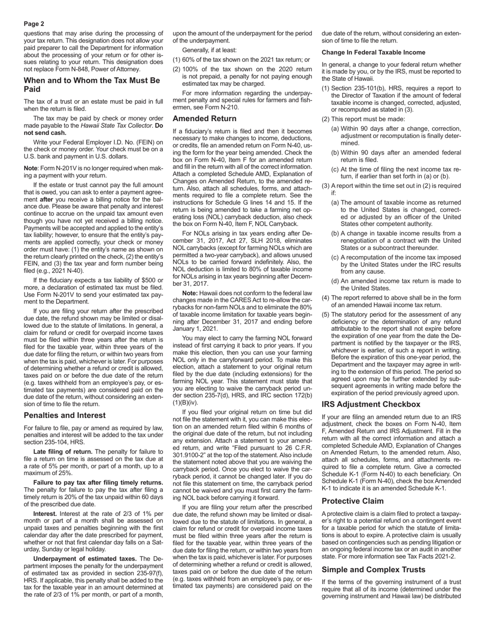 Instructions for Form N-40 Fiduciary Income Tax Return - Hawaii, Page 2