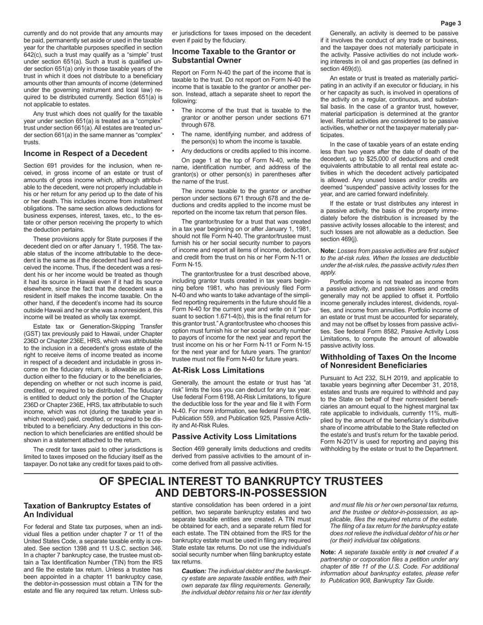 Instructions for Form N-40 Fiduciary Income Tax Return - Hawaii, Page 3