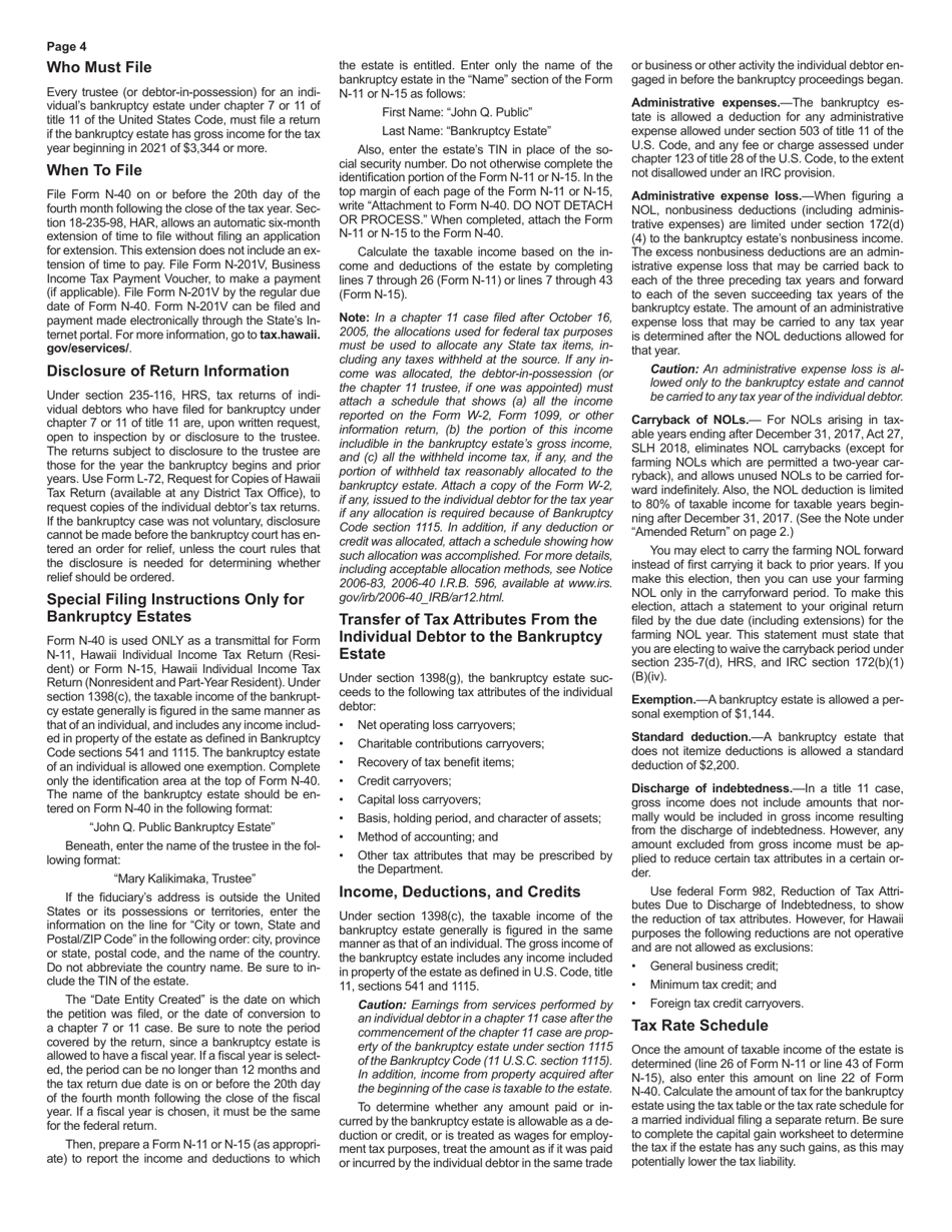 Instructions for Form N-40 Fiduciary Income Tax Return - Hawaii, Page 4