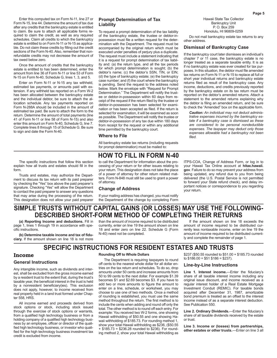 Instructions for Form N-40 Fiduciary Income Tax Return - Hawaii, Page 5