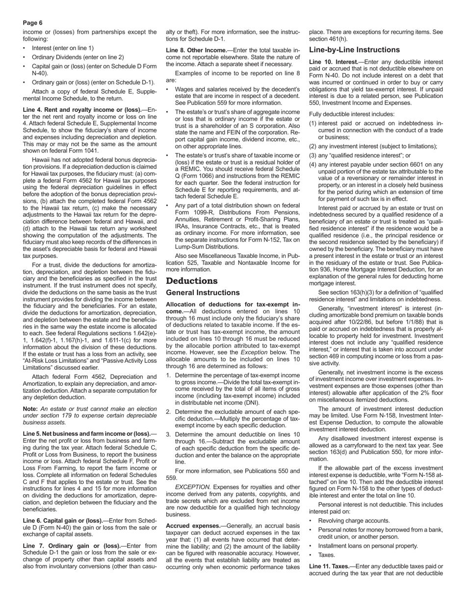 Instructions for Form N-40 Fiduciary Income Tax Return - Hawaii, Page 6