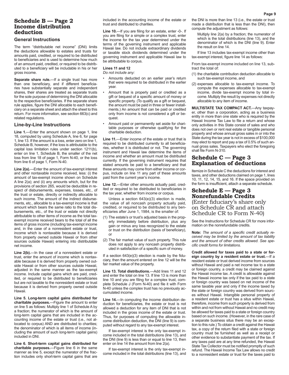 Instructions for Form N-40 Fiduciary Income Tax Return - Hawaii, Page 9