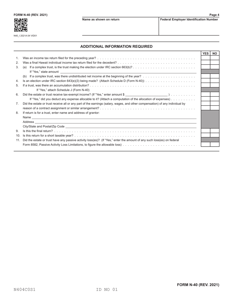 Form N-40 Fiduciary Income Tax Return - Hawaii, Page 4