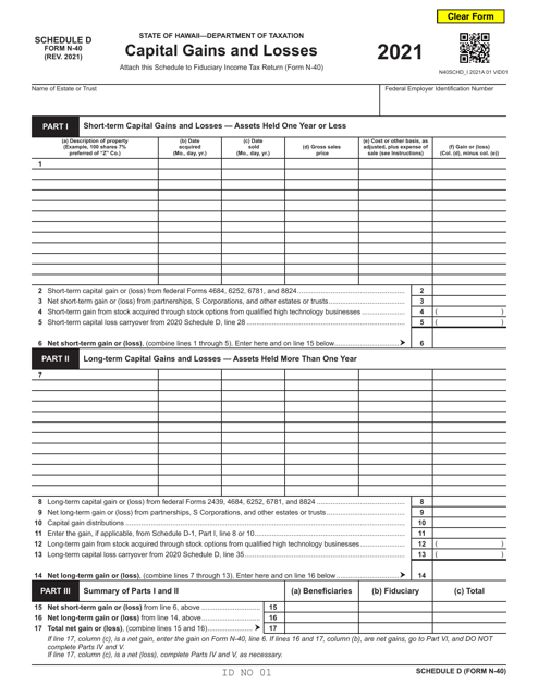 Form N-40 Schedule D 2021 Printable Pdf