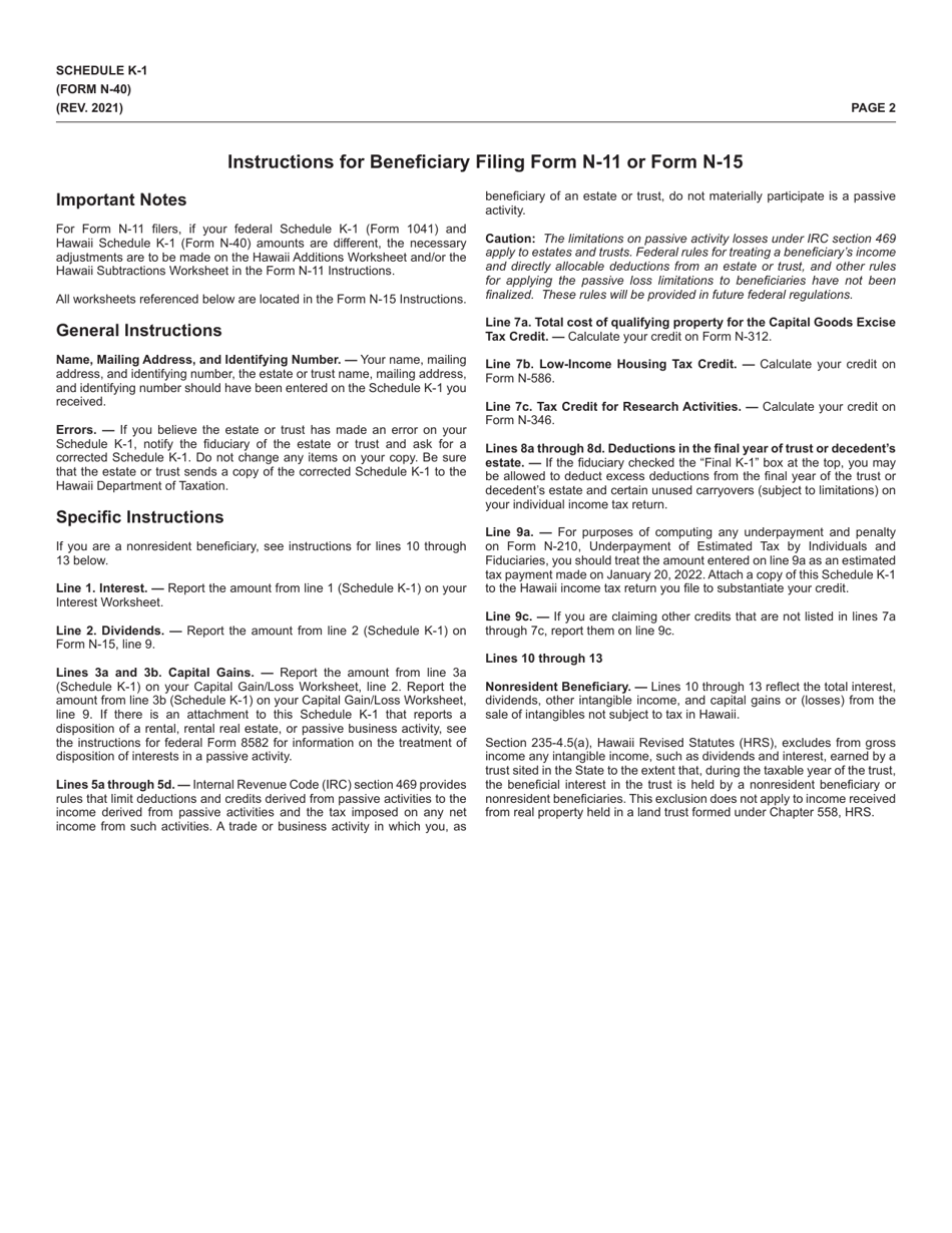 Form N-40 Schedule K-1 Beneficiarys Share of Income, Deductions, Credits, Etc. - Hawaii, Page 2