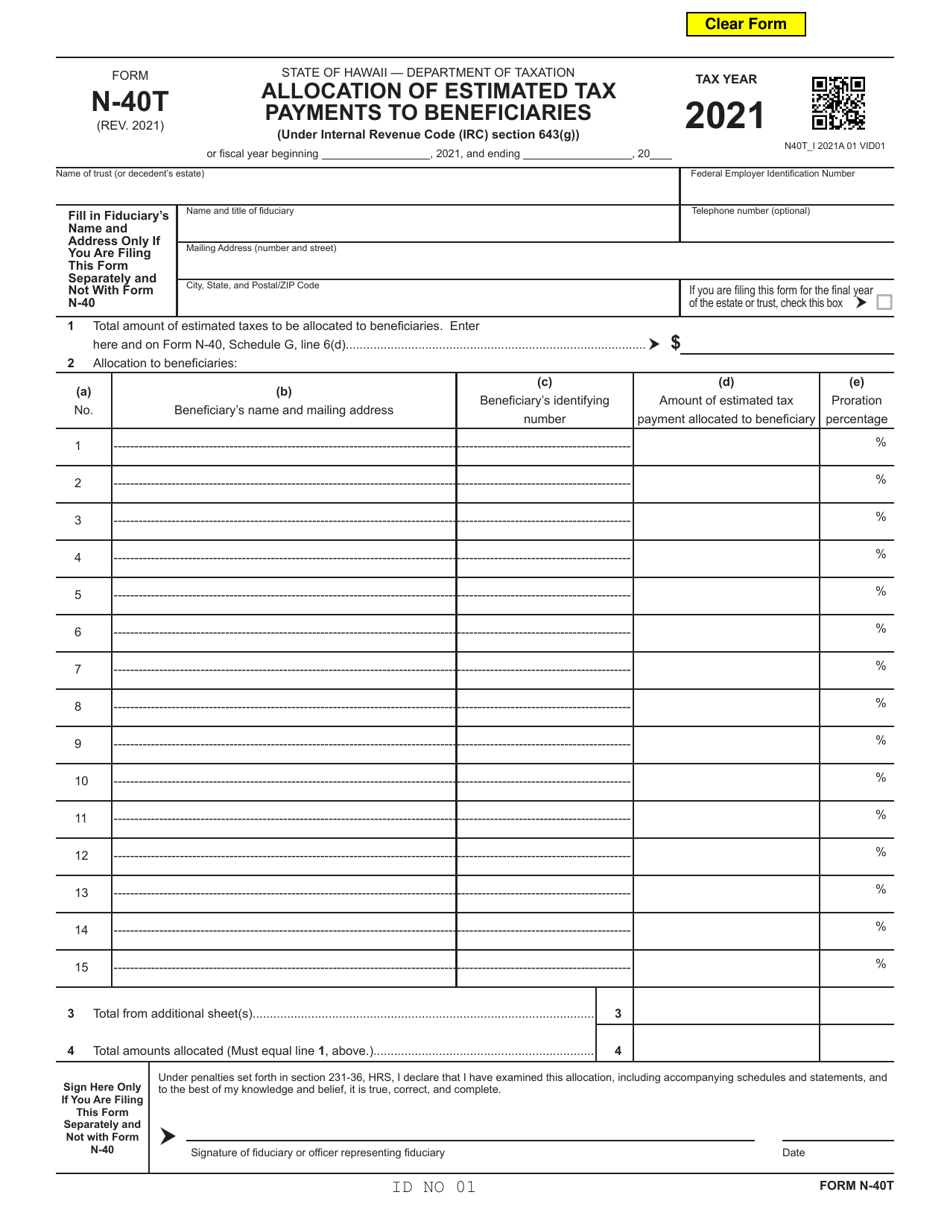 Form N-40T Allocation of Estimated Tax Payments to Beneficiaries - Hawaii, Page 1