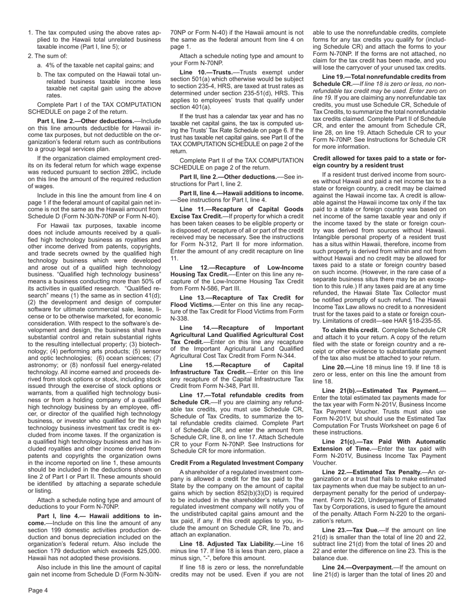 Instructions for Form N-70NP Exempt Organization Business Income Tax Return - Hawaii, Page 4