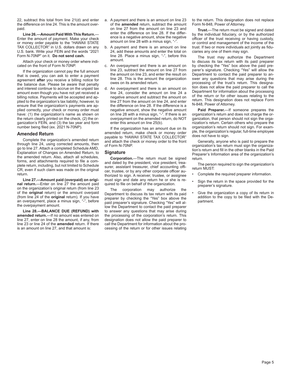 Instructions for Form N-70NP Exempt Organization Business Income Tax Return - Hawaii, Page 5