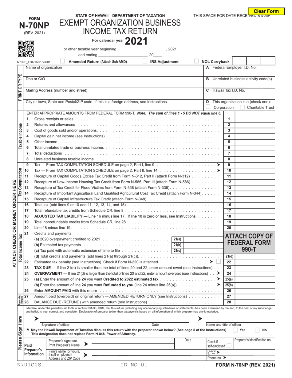 Form N-70NP Exempt Organization Business Income Tax Return - Hawaii, Page 1