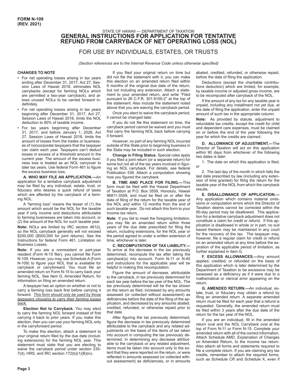 Form N-109 Application for Tentative Refund From Carryback of Net Operating Loss - Hawaii, Page 3
