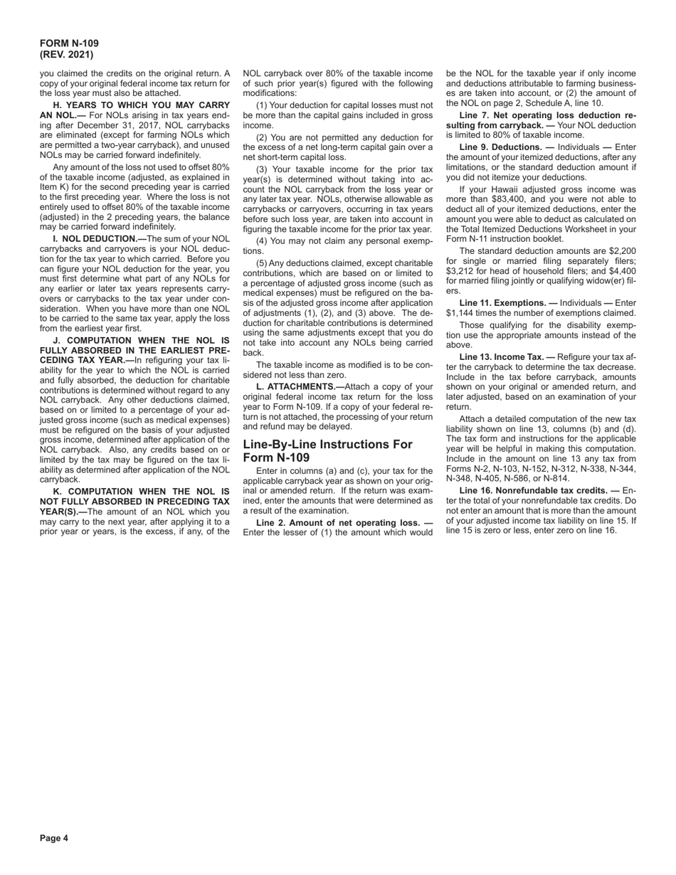 Form N-109 Application for Tentative Refund From Carryback of Net Operating Loss - Hawaii, Page 4