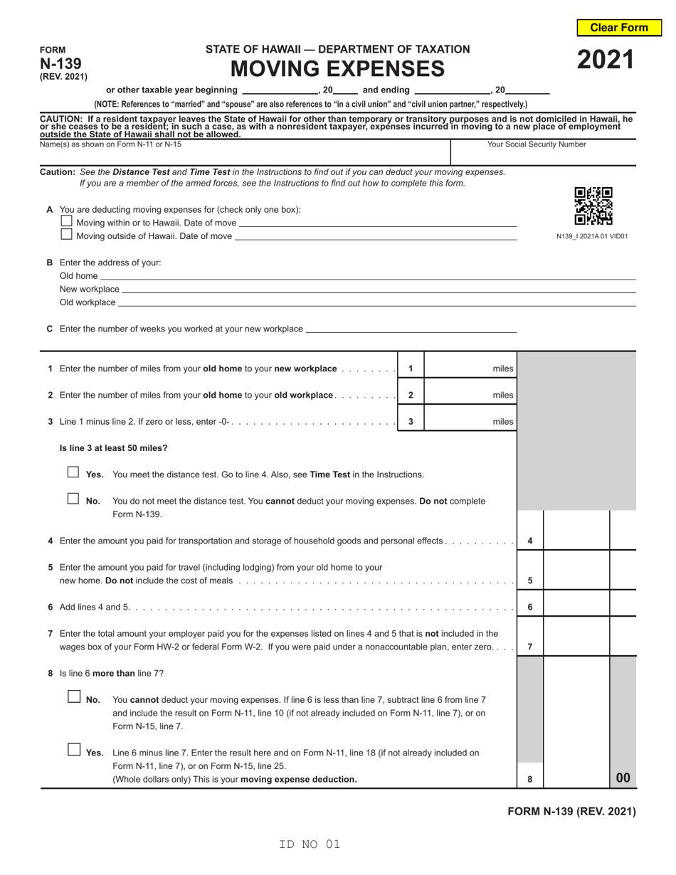 Form N-139 Moving Expenses - Hawaii, Page 1