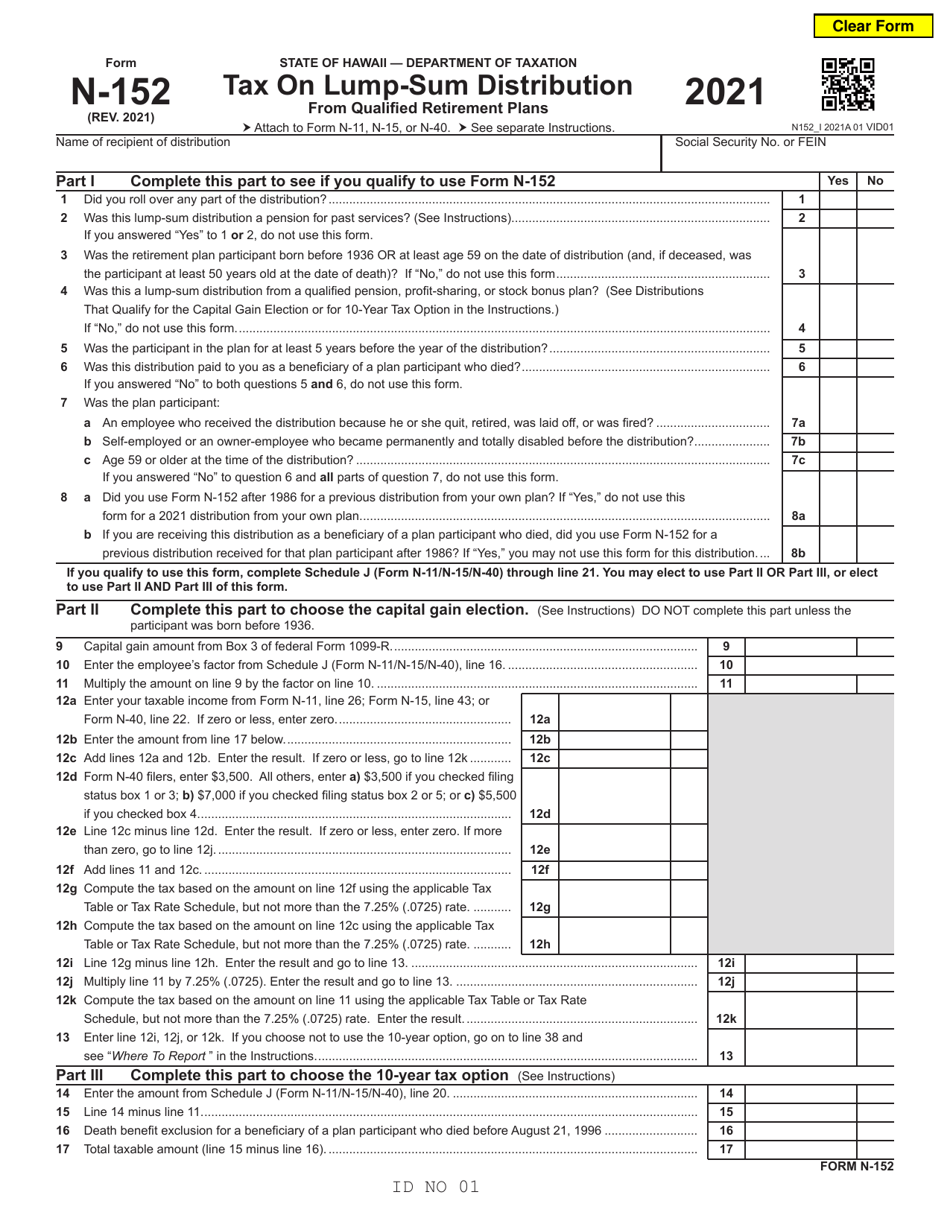 Form N-152 Tax on Lump-Sum Distribution - Hawaii, Page 1