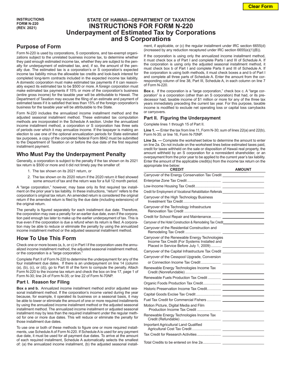 Instructions for Form N-220 Underpayment of Estimated Tax by Corporations and S Corporations - Hawaii, Page 1